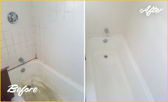 Picture of a Tan Tile Shower with Caulking Peeling Off Before and After a Tile Recaulking Service