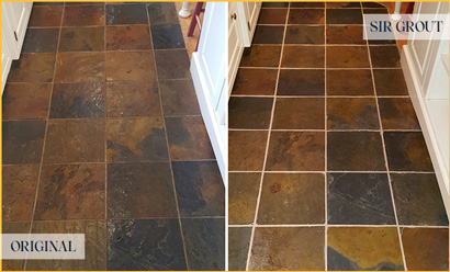 Before and After Picture of a Slate Floor Stone and Grout Cleaning