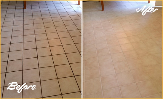 Before and After Picture of a Bear Kitchen Tile and Grout Cleaned to Remove Embedded Dirt