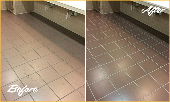 Before and After Picture of a New Castle Restrooms Tile and Grout Cleaned to Remove Embedded Dirt