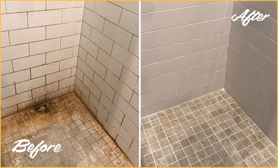 Before and After Picture of a Greenville Shower Tile and Grout Cleaned to Eliminate Mold and Stains