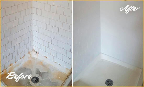 Before and After Picture of a Winterthur Shower Tile and Grout Cleaned to Remove Soap Scum