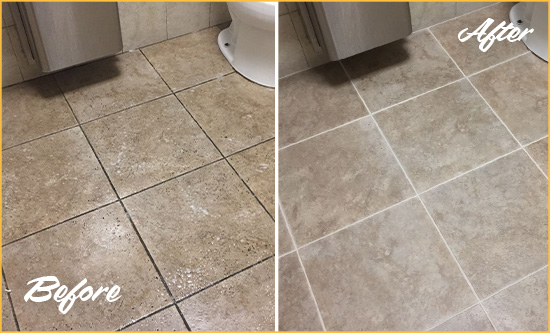 Before and After Picture of a Manor Restroom Tile and Grout Cleaned to Remove Soil