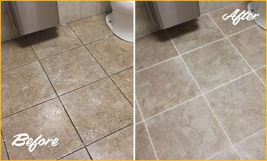 Before and After Picture of a Stanton Restroom Tile and Grout Cleaned to Remove Soil