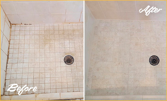 Before and After Picture of a Bear Shower Caulked to Fix Cracks