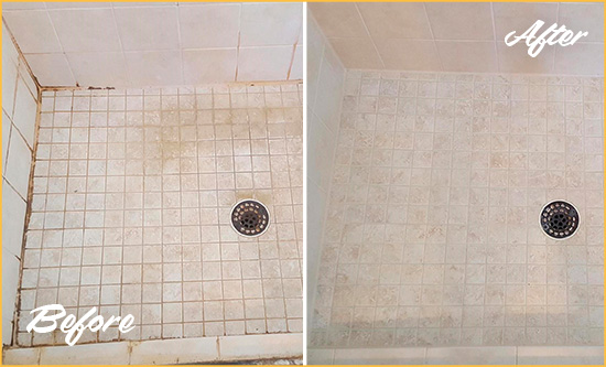 Before and After Picture of a Kenton Shower Caulked to Fix Cracks