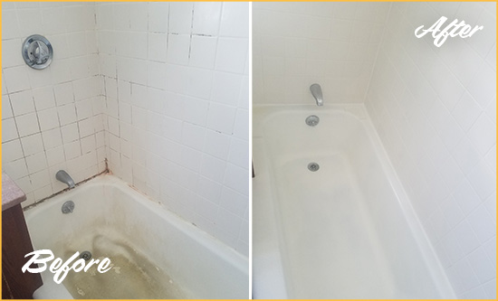 Before and After Picture of a Stanton Bathtub Caulked to Repair Cracks