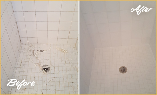 Before and After Picture of a Viola Bathroom Re-Caulked To Repair Damaged Caulking
