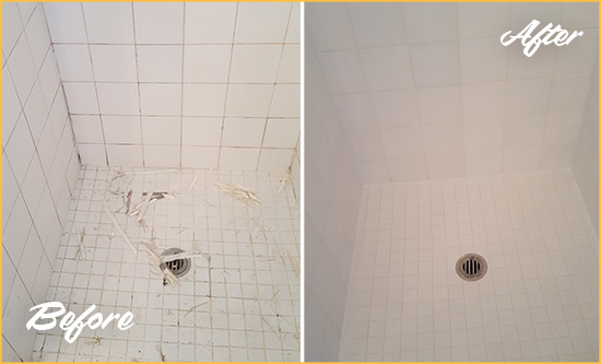 Before and After Picture of a Wilmington Bathroom Re-Caulked To Repair Damaged Caulking