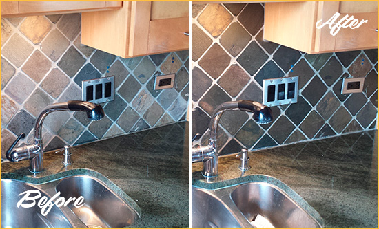 Before and After Picture of a Winterthur Backsplash Caulked to Fix and Prevent Water Leaks