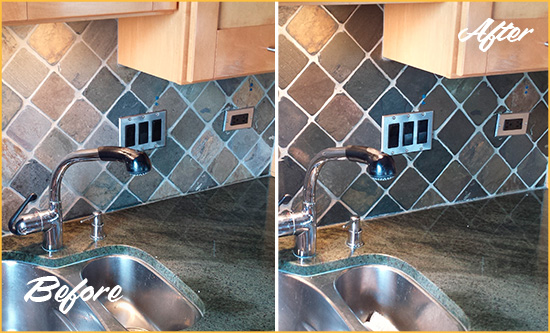 Before and After Picture of a Hockessin Backsplash Caulked to Fix and Prevent Water Leaks