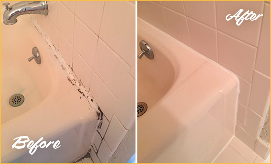 Before and After Picture of a Delaware City Bathroom Sink Caulked to Fix a DIY Proyect Gone Wrong