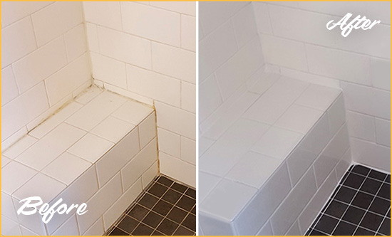 Before and After Picture of a Hockessin Shower Seat Caulked to Protect Against Mold and Mildew Growth