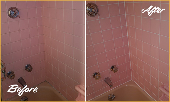 Before and After Picture of a New Castle Bathtub Caulked to Eliminate Mold