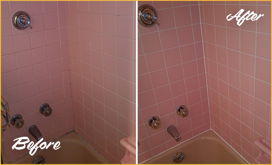 Before and After Picture of a Camden Bathtub Caulked to Eliminate Mold