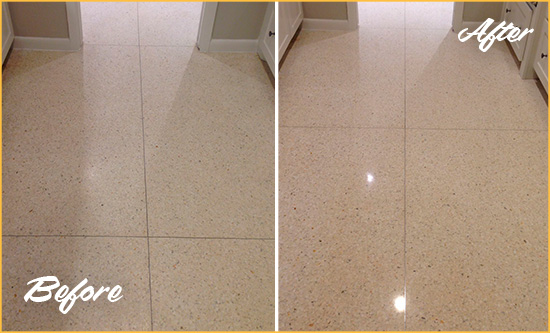 Before and After Picture of a Christiana Granite Stone Floor Polished to Repair Dullness