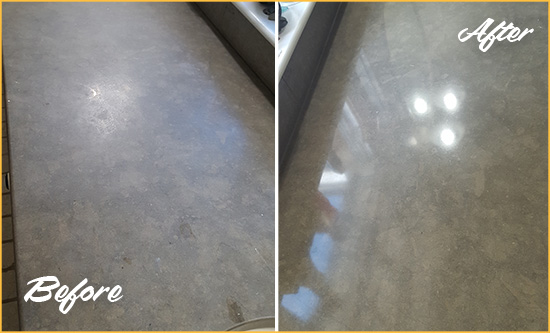 Before and After Picture of a Dull Port Penn Limestone Countertop Polished to Recover Its Color