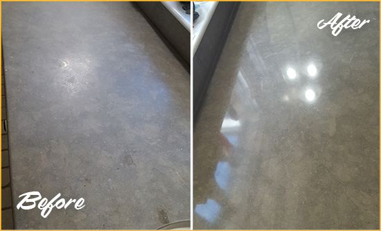 Before and After Picture of a Dull Leipsic Limestone Countertop Polished to Recover Its Color