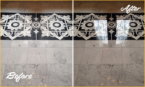 Before and After Picture of a Leipsic Marble Stone Floor Polished to a Mirror Shine