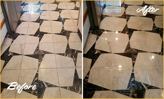 Before and After Picture of a Dull Delaware City Marble Stone Floor Polished To Recover Its Luster