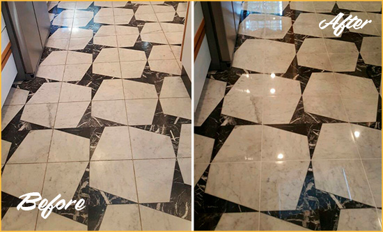 Before and After Picture of a Dull Bear Marble Stone Floor Polished To Recover Its Luster