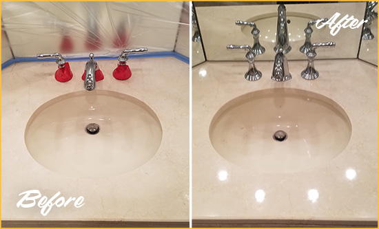 Before and After Picture of a Dull Leipsic Marble Stone Vanity Top Polished to Bring-Back Its Sheen