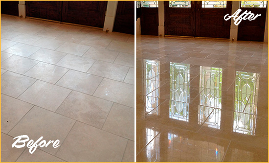 Before and After Picture of a Dull Pike Creek Travertine Stone Floor Polished to Recover Its Gloss
