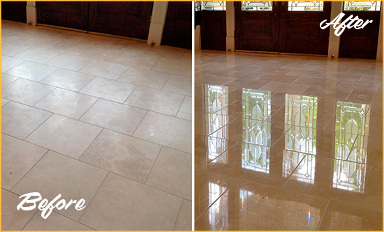 Before and After Picture of a Dull Wilmington Travertine Stone Floor Polished to Recover Its Gloss