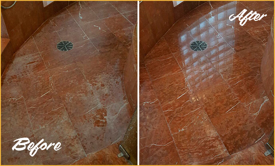 Before and After Picture of a Rockland Marble Stone Shower Polished to Eliminate Mineral Deposits