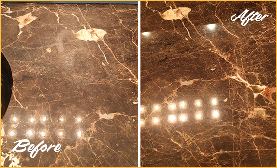 Before and After Picture of a Port Penn Marble Stone Countertop Polished to Eliminate Stains