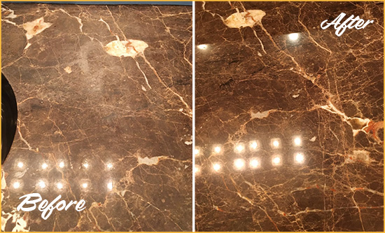 Before and After Picture of a Cheswold Marble Stone Countertop Polished to Eliminate Stains