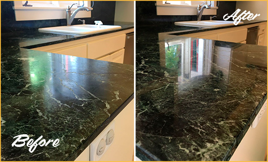 Before and After Picture of a Odessa Marble Stone Counter Polished to Eliminate Water Marks