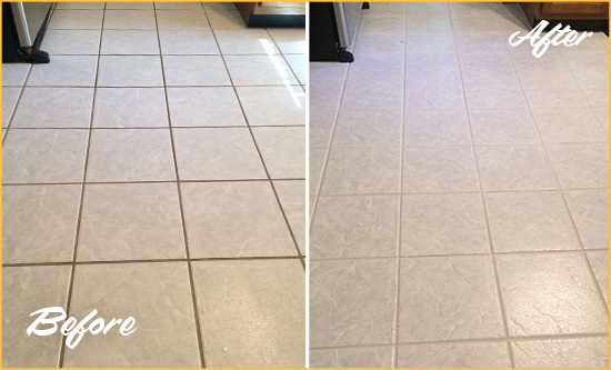 Before and After Picture of a Ardencroft Kitchen Ceramic Floor Sealed to Protect From Dirt and Spills