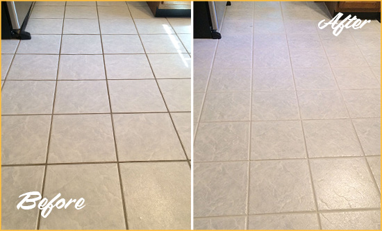 Before and After Picture of a Claymont Kitchen Ceramic Floor Sealed to Protect From Dirt and Spills