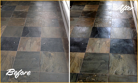 Before and After Picture of a Dull Ardencroft Slate Floor Sealed to Bring Back Its Colors