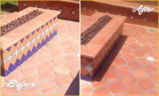 Before and After Picture of a Dull Newark Terracotta Patio Floor Sealed For UV Protection