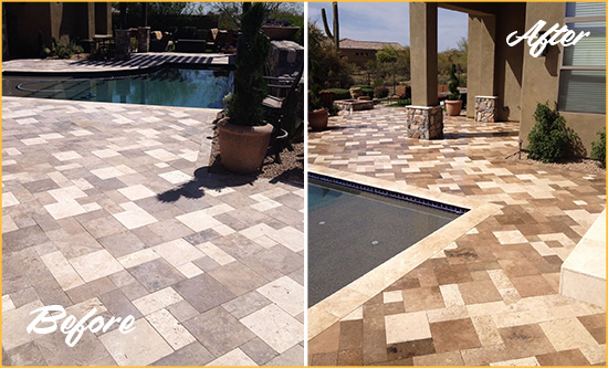 Before and After Picture of a Faded Montchanin Travertine Pool Deck Sealed For Extra Protection