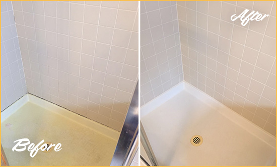 Before and After Picture of a Camden Shower Sealed to Remove and Protect Against Mold