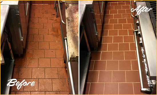 Before and After Picture of a Little Creek Restaurant Kitchen Floor Sealed to Remove Soil