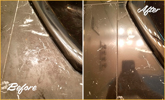 Before and After Picture of a Claymont Marble Countertop Cleaned to Remove Deep Dirt