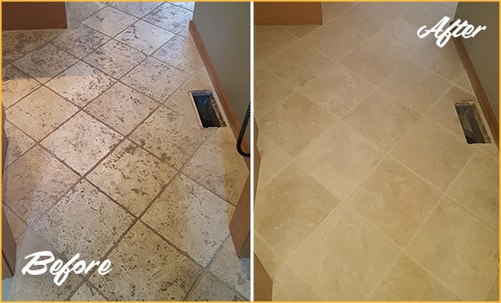 Before and After Picture of a Leipsic Kitchen Marble Floor Cleaned to Remove Embedded Dirt