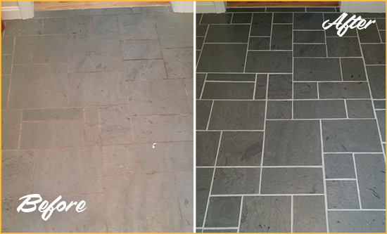 Before and After Picture of a Ardencroft Slate Floor Cleaned to Remove Deep-Seated Dirt