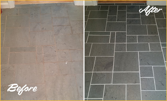 Before and After Picture of a Wilmington Slate Floor Cleaned to Remove Deep-Seated Dirt