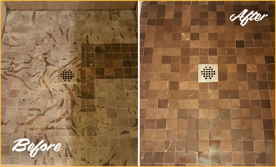 Before and After Picture of a Stained Odessa Marble Shower Floor Cleaned to Remove Etching
