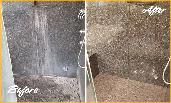 Before and After Picture of a Ardentown Granite Shower Cleaned to Remove Mineral Deposits