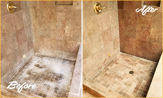 Before and After Picture of a Hockessin Travertine Shower Cleaned to Eliminate Water Spots