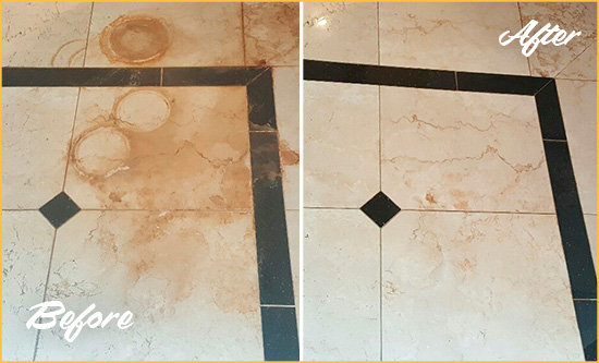 Before and After Picture of a Newark Marble Floor Cleaned to Eliminate Rust Stains