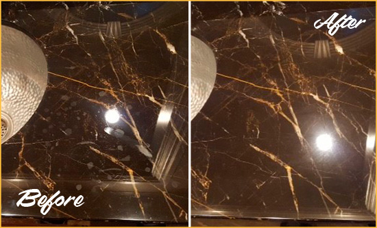 Before and After Picture of a Pike Creek Marble Countertop Cleaned to Remove Water Spots