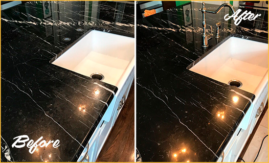 Before and After Picture of a Elsmere Marble Kitchen Countertop Stone Sealed to Avoid Water Damage