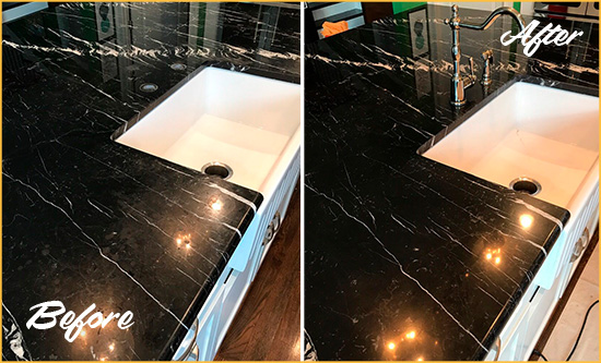 Before and After Picture of a Magnolia Marble Kitchen Countertop Stone Sealed to Avoid Water Damage